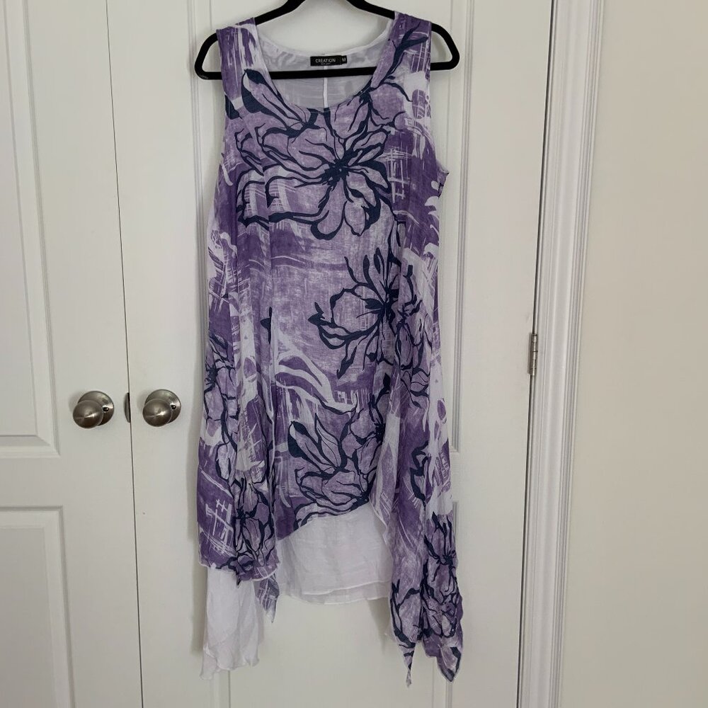 Women's Cotton Blend Sleeveless Floral Asymmetrical Handkerchief Size M